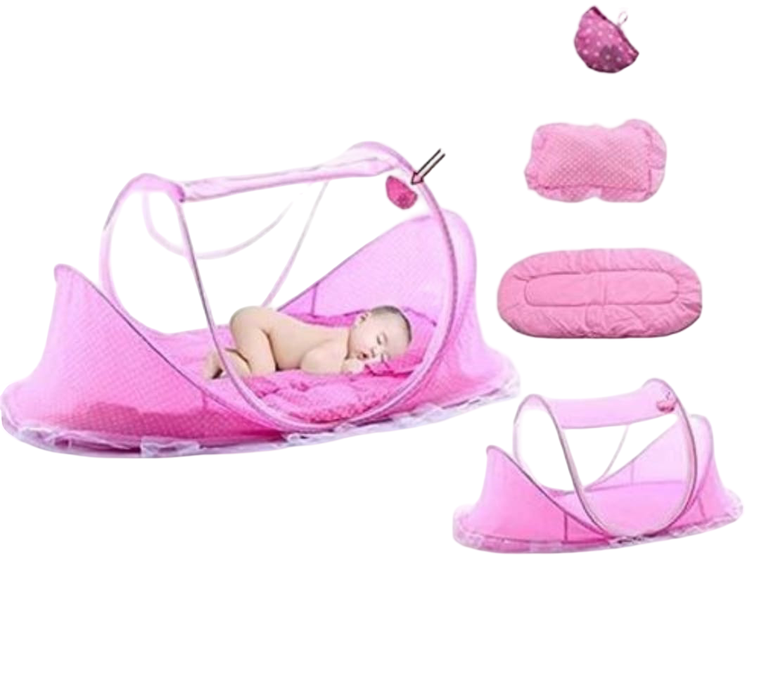 Baby zip closer mosquito net with mattress and pillow – 3-piece folding baby bedding set, portable U-shaped design with double zipper heads, includes soft mattress and pillow