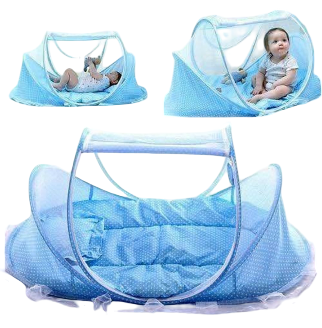 Baby zip closer mosquito net with mattress and pillow – 3-piece folding baby bedding set, portable U-shaped design with double zipper heads, includes soft mattress and pillow