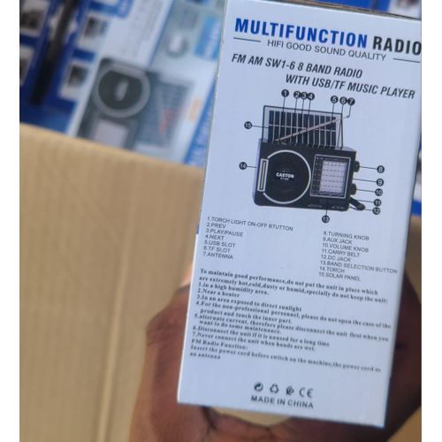 Caston ST-098 8-Band Multifunction Solar Radio – AM/FM/SW1-6 Portable Bluetooth Speaker with USB/TF Music Player, LED Flashlight & Emergency Charging