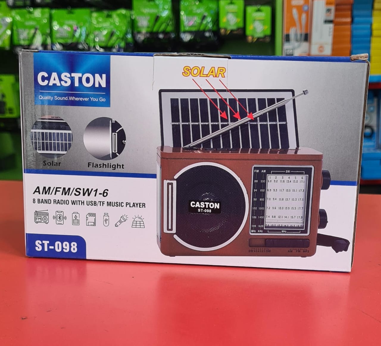 Caston ST-098 8-Band Multifunction Solar Radio – AM/FM/SW1-6 Portable Bluetooth Speaker with USB/TF Music Player, LED Flashlight & Emergency Charging