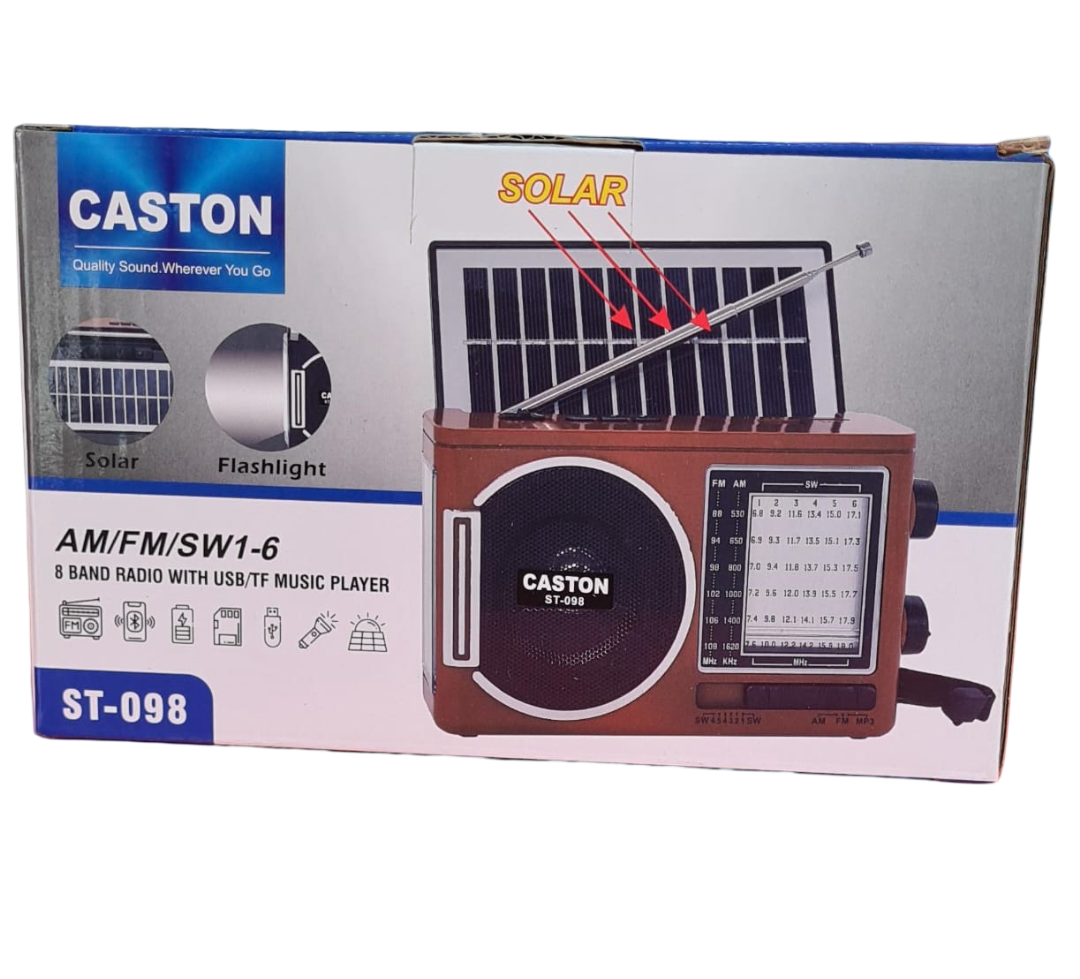Caston ST-098 8-Band Multifunction Solar Radio – AM/FM/SW1-6 Portable Bluetooth Speaker with USB/TF Music Player, LED Flashlight & Emergency Charging