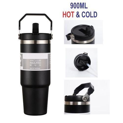 900ml Thermal Water Bottle with Straw – Large Stainless Steel Thermos Flask, Double Wall Vacuum Insulated for Hot & Cold Drinks, Leak-Proof Travel Mug with Handle – Home Office & Outdoor