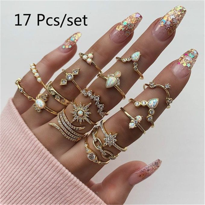 Fashion 17 Pcs Golden Rings Women Bohemian Rings Jewelry