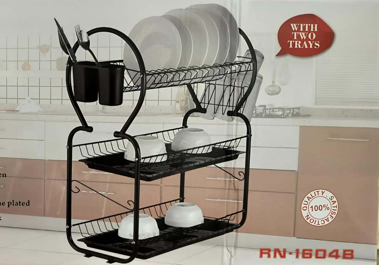 Steel 3 Tier High quality carbon dish rack 3 Tier high quality carbon steel dish rack with cutlery holder. The material used is Carbon steel metal . It has 3 white water draining trays. It is scratch