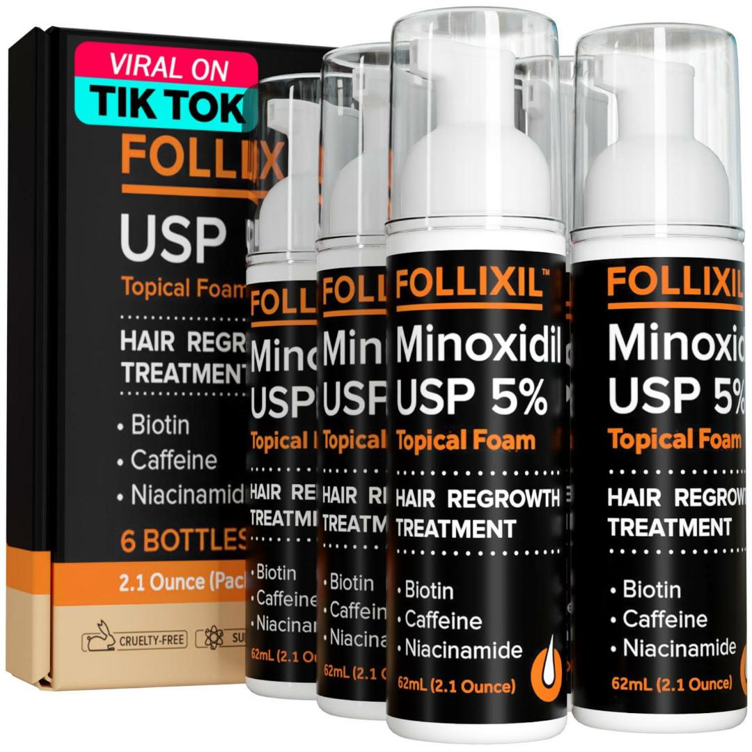 Follixil Minoxidil 5% Foam for Men and Women - Hair Regrowth Topical Treatment Infused with Biotin, Caffeine and Niacinamide - Anti Hair Loss Treatment For Stronger and Longer Hair.