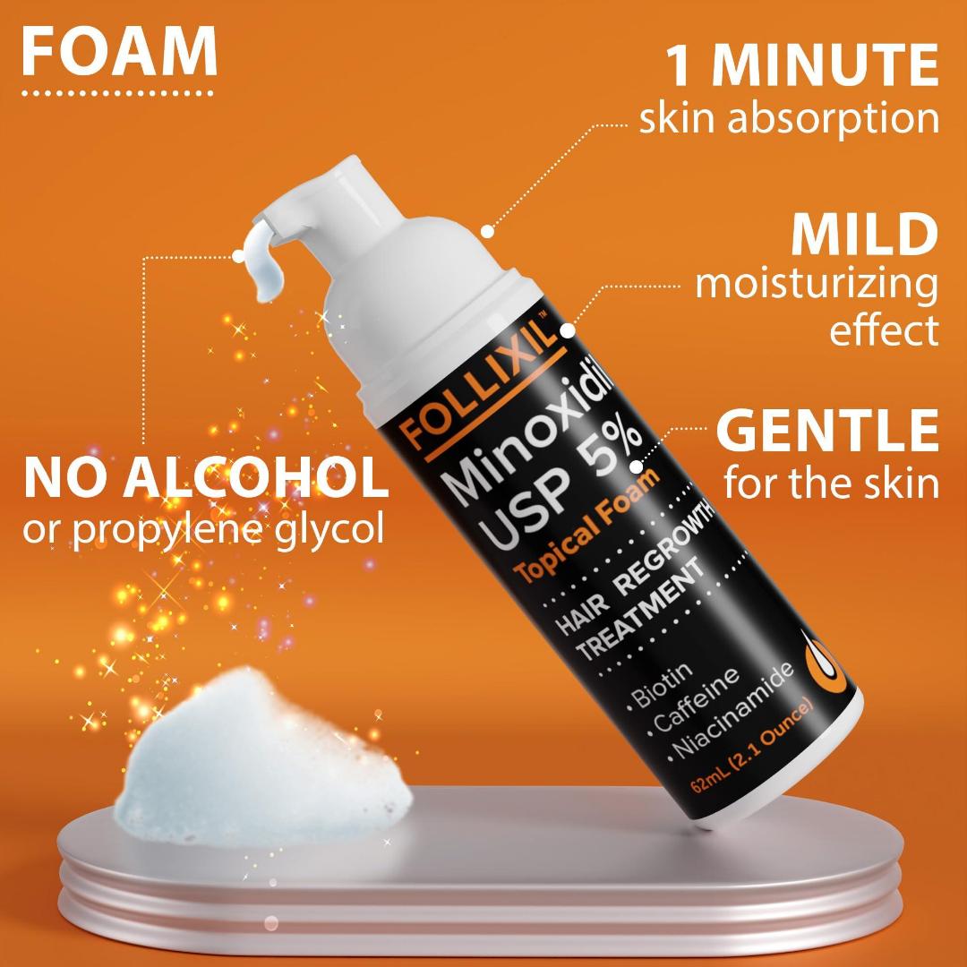 Follixil Minoxidil 5% Foam for Men and Women - Hair Regrowth Topical Treatment Infused with Biotin, Caffeine and Niacinamide - Anti Hair Loss Treatment For Stronger and Longer Hair.
