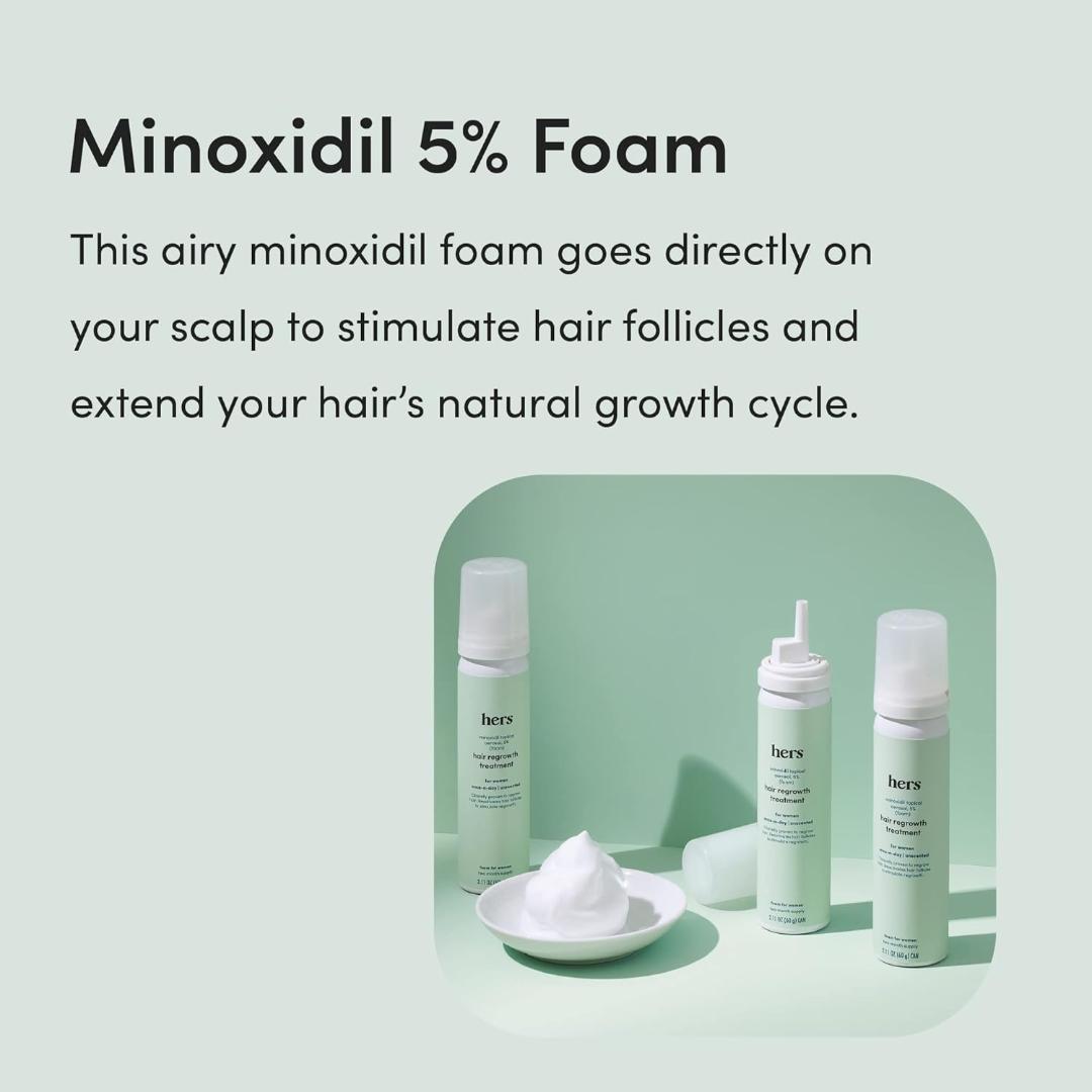 hers Topical Minoxidil Foam, 5% - Extra Strength Hair Growth Treatment for Women - Clinically Proven to Reduce Hair Loss in 3-6 Months - Unscented