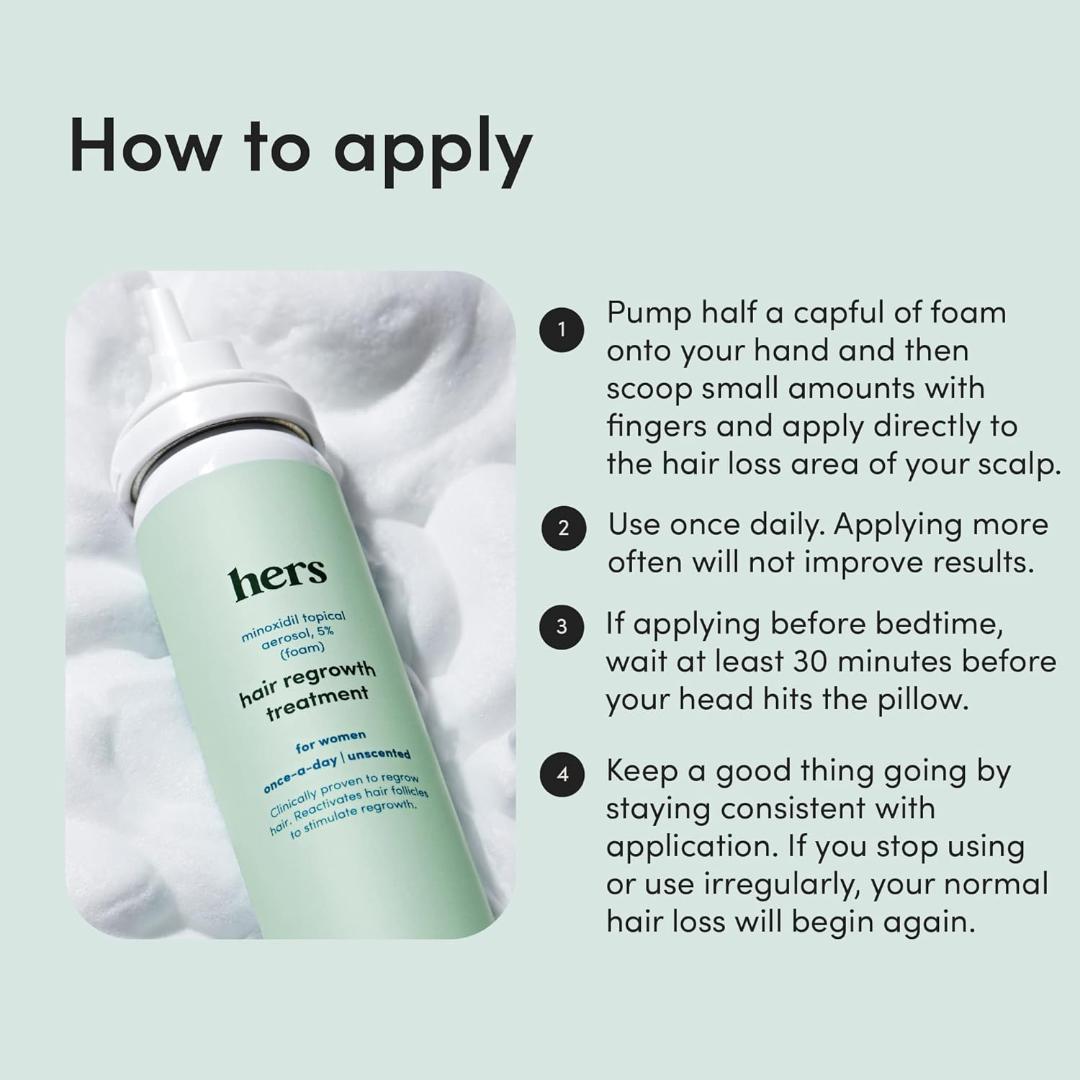 hers Topical Minoxidil Foam, 5% - Extra Strength Hair Growth Treatment for Women - Clinically Proven to Reduce Hair Loss in 3-6 Months - Unscented