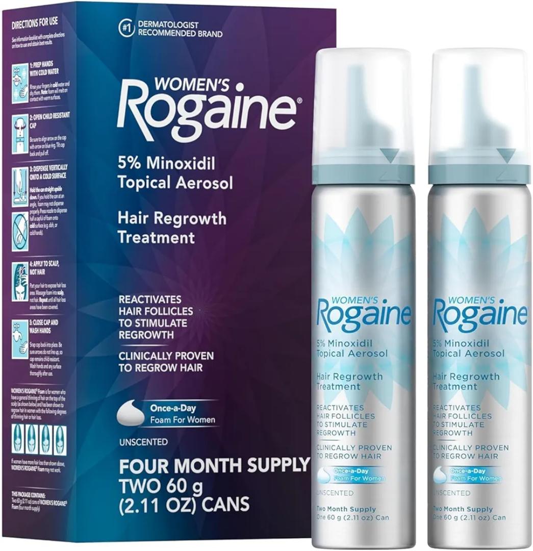 Women's Rogaine 5% Minoxidil Foam, Topical Once-A-Day Hair Loss Treatment for Women to Regrow Fuller, Thicker Hair, Unscented.- 2 months supply