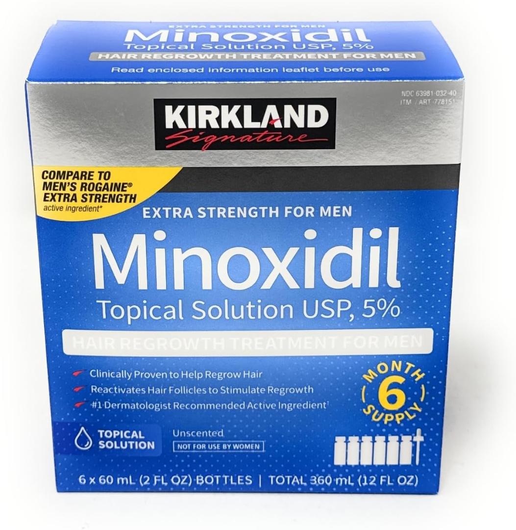 Kirkland Signature Minoxidil 5% Topical Solution for Men. Hair Regrowth Treatment with Dropper.