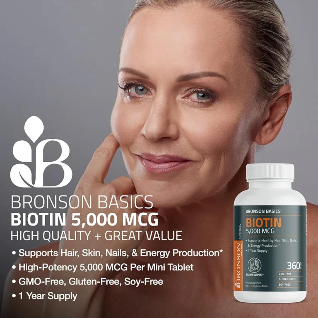 Bronson Biotin Vitamin B7 Supplement. Supports Healthy Hair, Skin & Nails & Energy Production 5000mcg. High Potency Beauty Support. 150 Tablets.