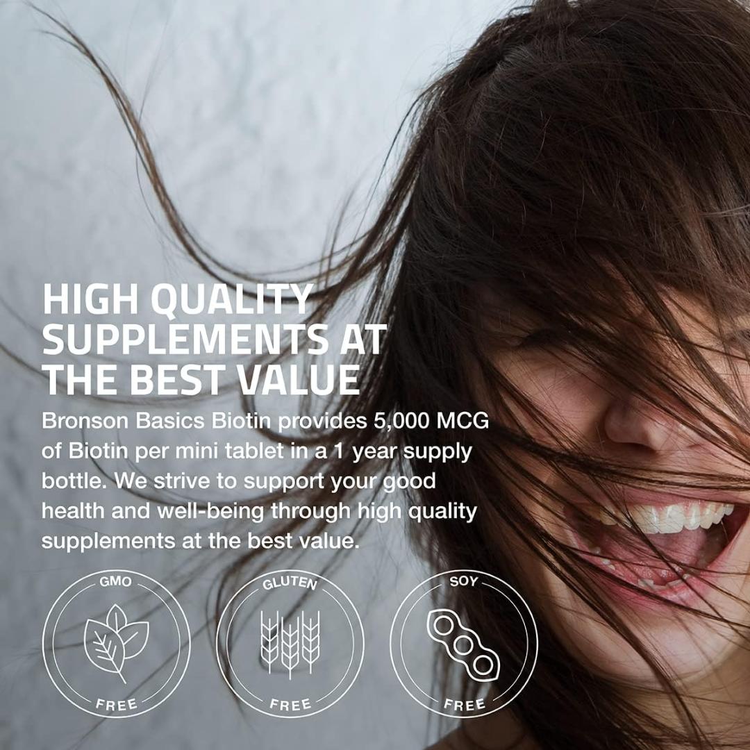 Bronson Biotin Vitamin B7 Supplement. Supports Healthy Hair, Skin & Nails & Energy Production 5000mcg. High Potency Beauty Support. 150 Tablets.