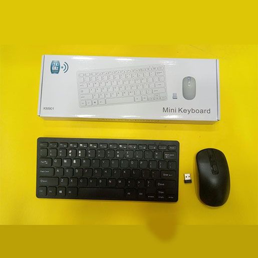 Mini wireless keyboard and mouse compatible with all laptops and desktop computers since it uses bluetooth connection and has a rechargable battery with a wireless mouse connected to it though doungle