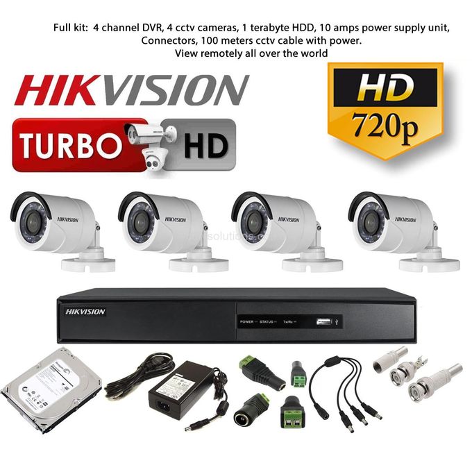 Hikvision 4 CCTV Camera Complete Kit-( With Night Vision + Motion Detection)
Has all necessary items required for 3 channel CCTV installation apart from the monitor (not included).