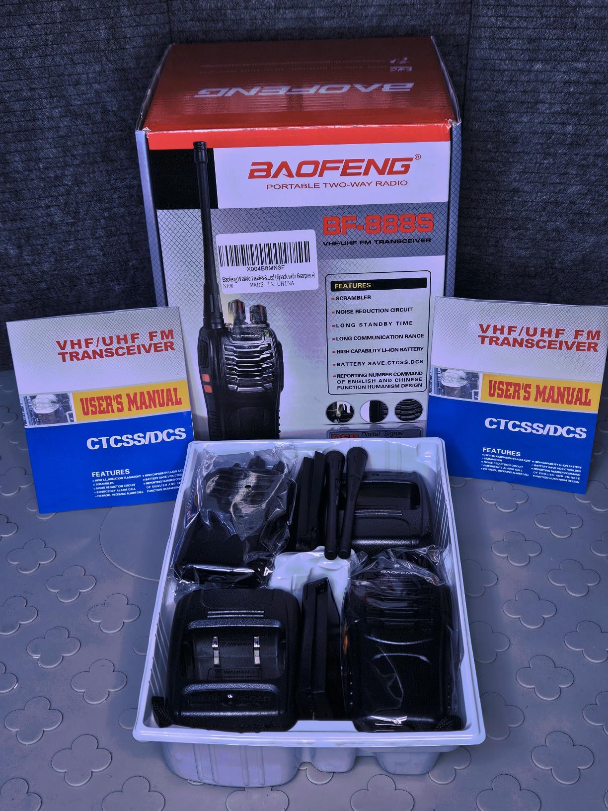 Baofeng 4 Pack- Walkie Talkies Rechargeable Long Range Two-Way Radios with Earpieces,16 Channel Handheld Li-ion Battery and Charger