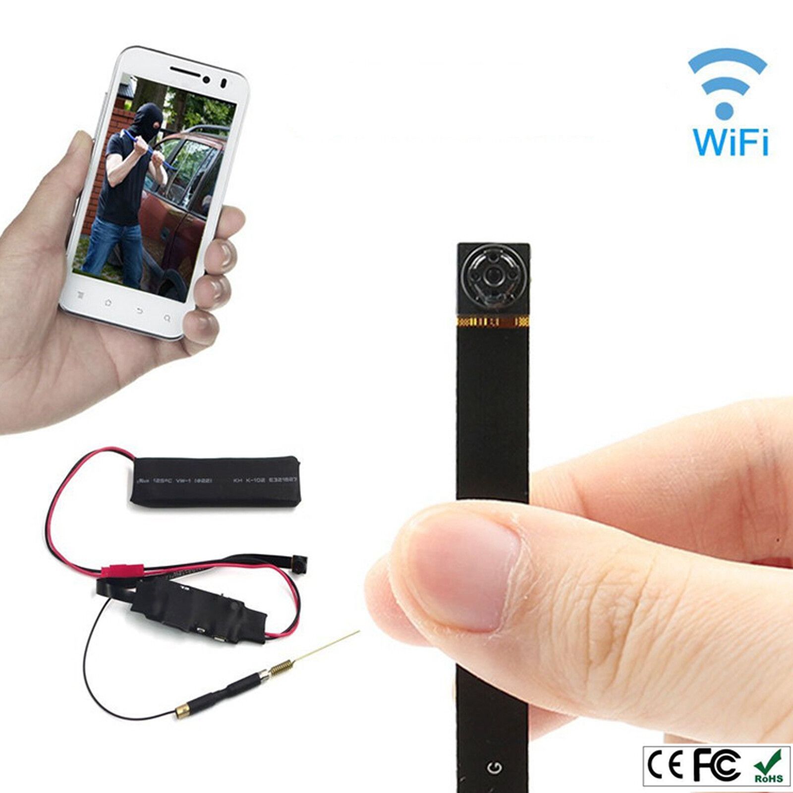 1080P HD WIFI PINHOLE SPY CAMERA with Motion Detection, DC or battery Powered, Micro SD Card Slot, Portable Mini WiFi DIY Hobbie Sport Wearable Mobile Hidden Nanny Cam Spy Gadget