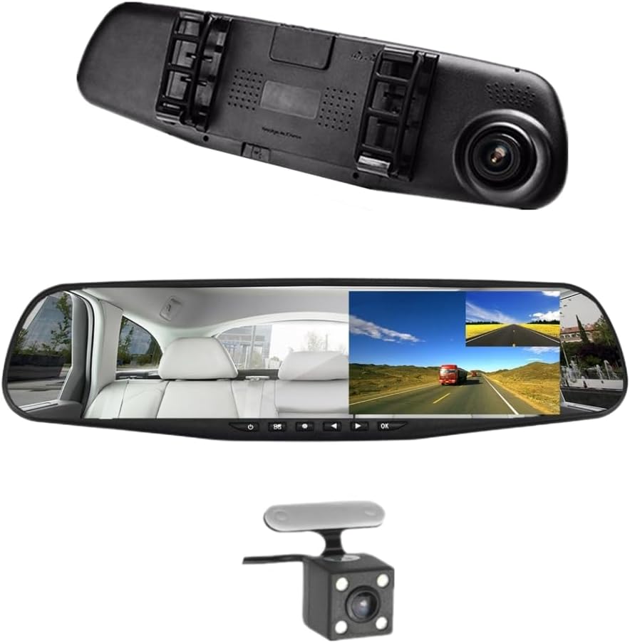 VEHICLE BLACKBOX DVR, 4.3" Screen Full HD 1080P Dual Lens DVR Front Camera Rear View Camera DVR With Rear View Mirror Dash Cam Camcorder G-Sensor