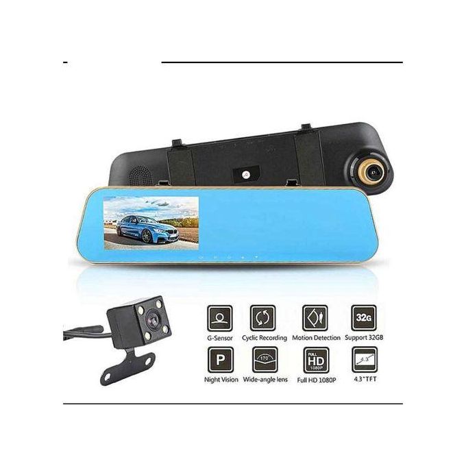 Car DVR Rearview Mirror Video Recroder 4.3" inch Car Camera Dual lens Cam night
Mirror monitor: 4.3 inch screen
Dual lens: front and rear
Video Resolution:
Front: 1080P (front camera only), 720P