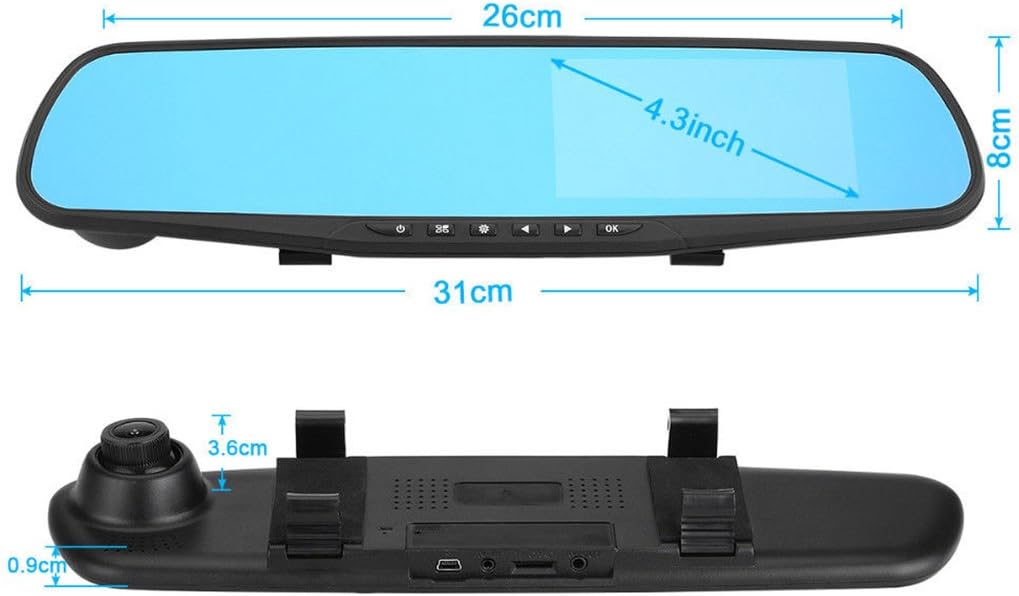 Car DVR Rearview Mirror Video Recroder 4.3" inch Car Camera Dual lens Cam night
Mirror monitor: 4.3 inch screen
Dual lens: front and rear
Video Resolution:
Front: 1080P (front camera only), 720P
