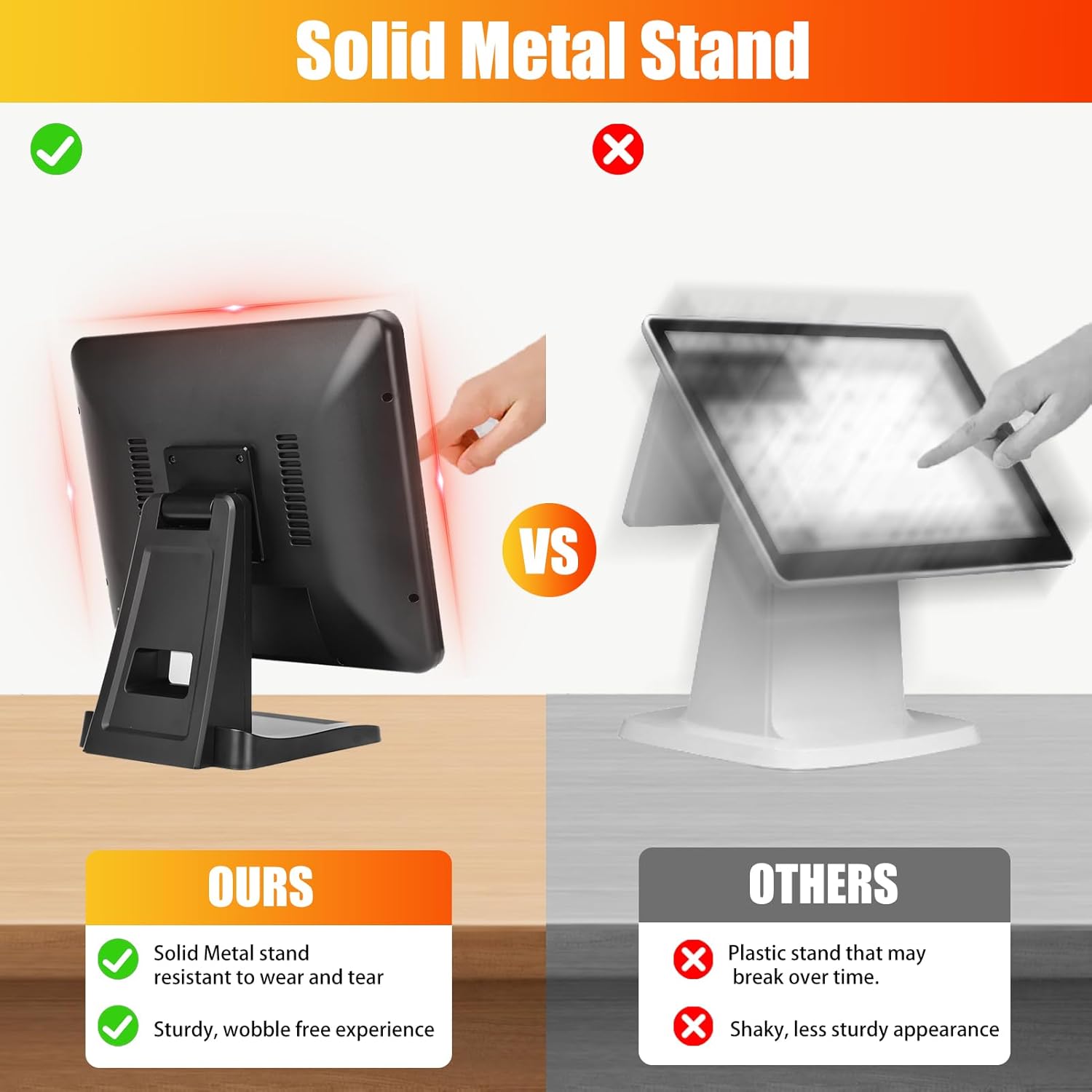 15-Inch 4:3 Capacitive LED Backlit Multi-Touch Monitor, True Flat Seamless Design Touchscreen with Metal POS Stand, for Office, POS, Retail, Restaurant, Bar, Gym, Warehouse