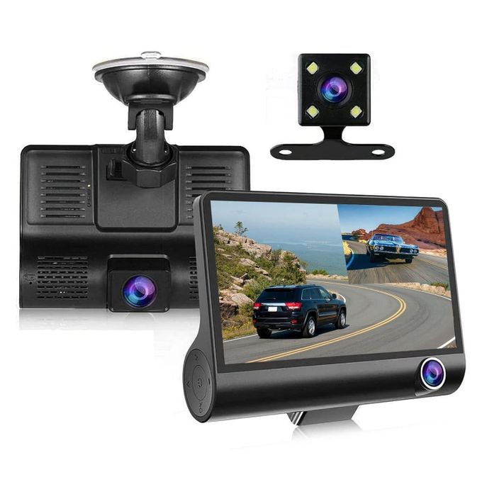 Dash Cam for Cars, Front Rear and Inside Three HD Cameras with Night Vision, 4 Inches Display, Driving Recorder, G-sensor
