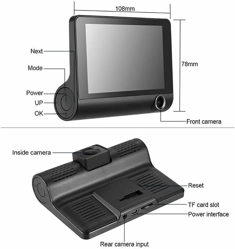 Dash Cam for Cars, Front Rear and Inside Three HD Cameras with Night Vision, 4 Inches Display, Driving Recorder, G-sensor
