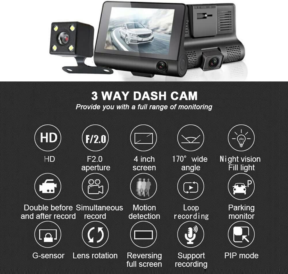Dash Cam for Cars, Front Rear and Inside Three HD Cameras with Night Vision, 4 Inches Display, Driving Recorder, G-sensor