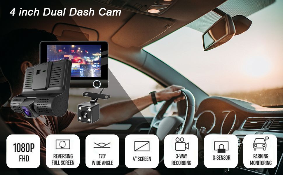 Dash Cam for Cars, Front Rear and Inside Three HD Cameras with Night Vision, 4 Inches Display, Driving Recorder, G-sensor