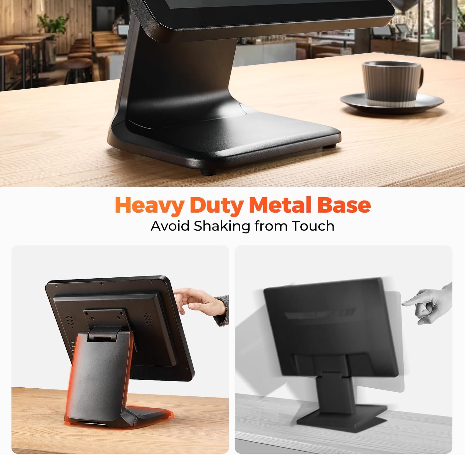 15-inch POS Touch Screen Monitor, True Flat Seamless POS Monitor, Heavy-Duty Metal Stand, HDMI/VGA Capacitive Screen Display for Retail Restaurant, Bar, Gym, Warehouse, No Driver Required