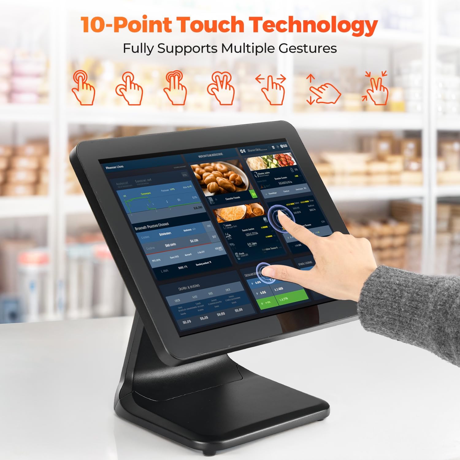 15-inch POS Touch Screen Monitor, True Flat Seamless POS Monitor, Heavy-Duty Metal Stand, HDMI/VGA Capacitive Screen Display for Retail Restaurant, Bar, Gym, Warehouse, No Driver Required