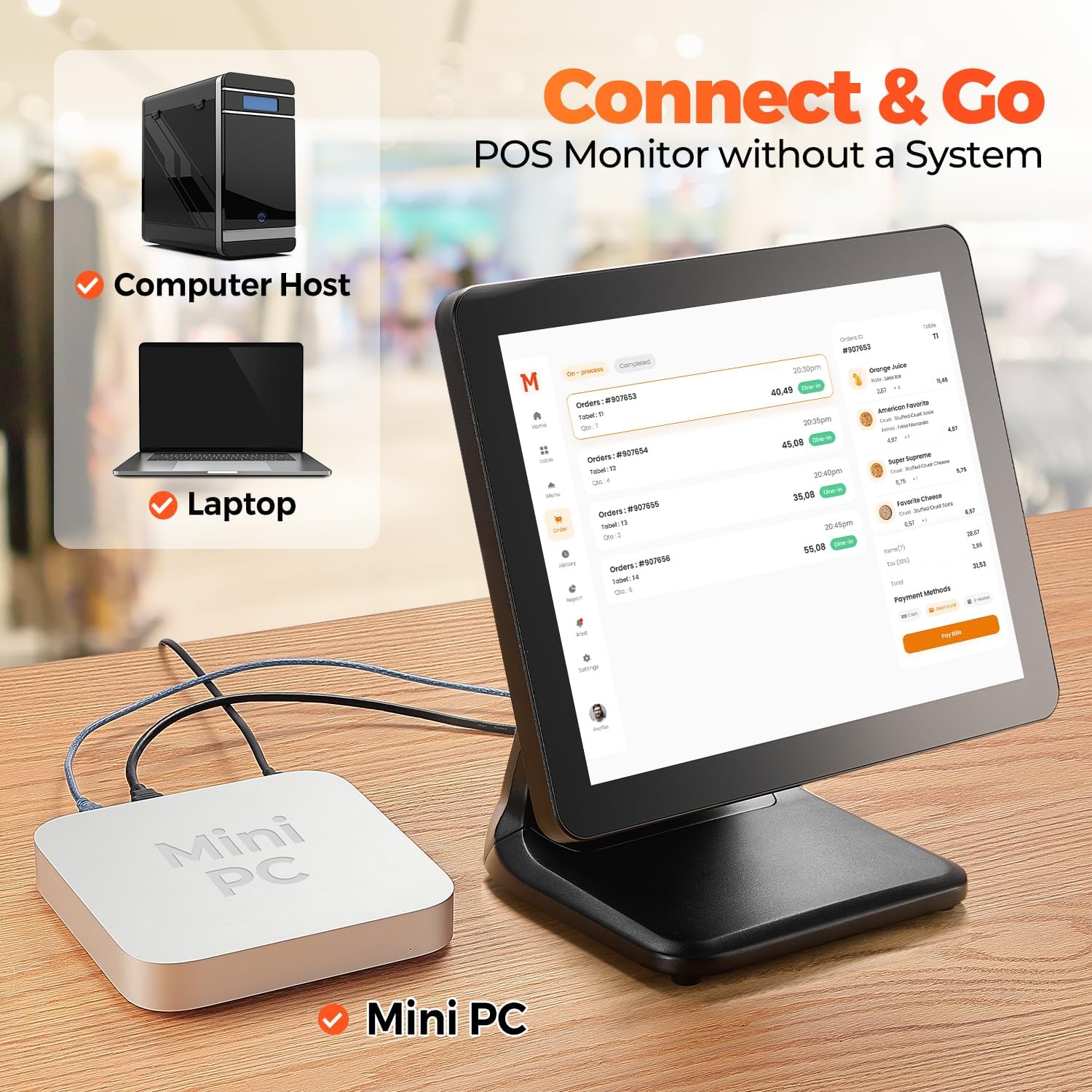 15-inch POS Touch Screen Monitor, True Flat Seamless POS Monitor, Heavy-Duty Metal Stand, HDMI/VGA Capacitive Screen Display for Retail Restaurant, Bar, Gym, Warehouse, No Driver Required
