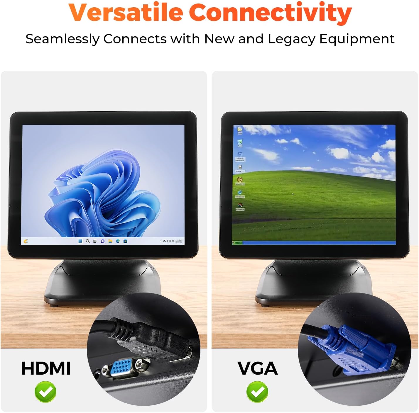 15-inch POS Touch Screen Monitor, True Flat Seamless POS Monitor, Heavy-Duty Metal Stand, HDMI/VGA Capacitive Screen Display for Retail Restaurant, Bar, Gym, Warehouse, No Driver Required