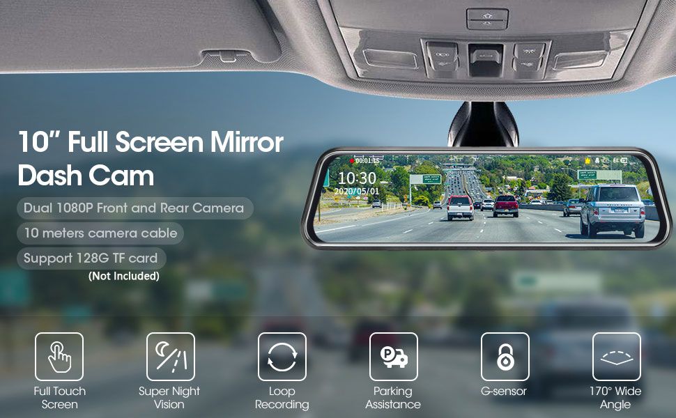 Dash Cam 9.66" Rear View Mirror 1080P Front and Rear View Dual Cameras, Night Vision, G-Sensor, Parking Assistance,24H Parking Monitor, HD Waterproof Backup Camera for Cars/Trucks