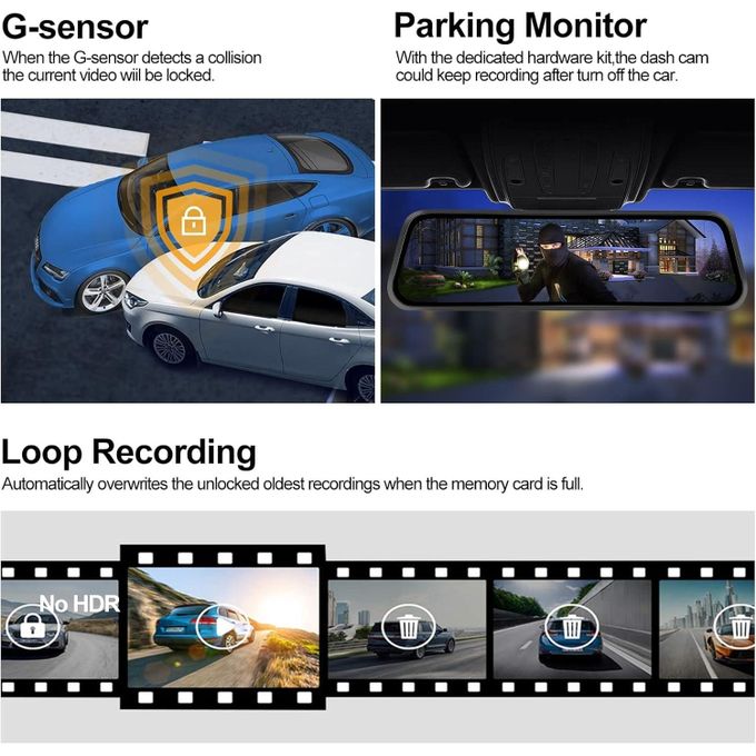 Dash Cam 9.66" Rear View Mirror 1080P Front and Rear View Dual Cameras, Night Vision, G-Sensor, Parking Assistance,24H Parking Monitor, HD Waterproof Backup Camera for Cars/Trucks