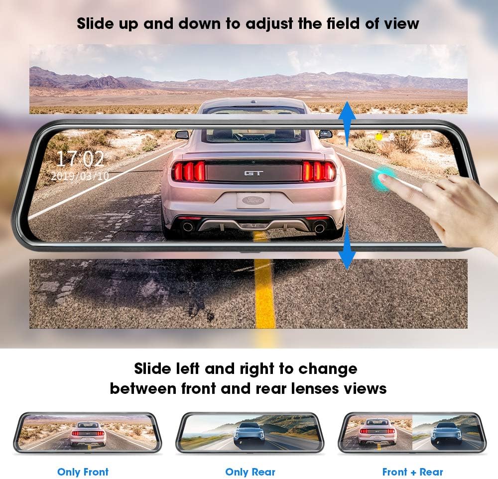 10'' Mirror Dash Cam Night Vision 1080P FHD Full Touch Screen Front and Rear View Backup Camera for Cars Loop Recording Streaming Media 170°Wide Angle Parking Assistance with 10 Meters Cable