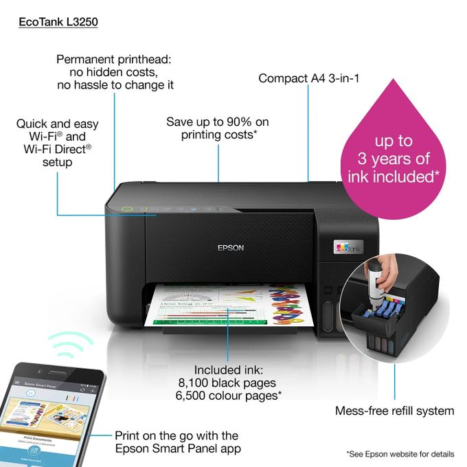 Epson L3250 EcoTank A4 Wi-Fi All-in-One Ink Tank Printer Ink
Epson EcoTank L3250 Wi-Fi All-in-One Ink Tank Printer (Black)