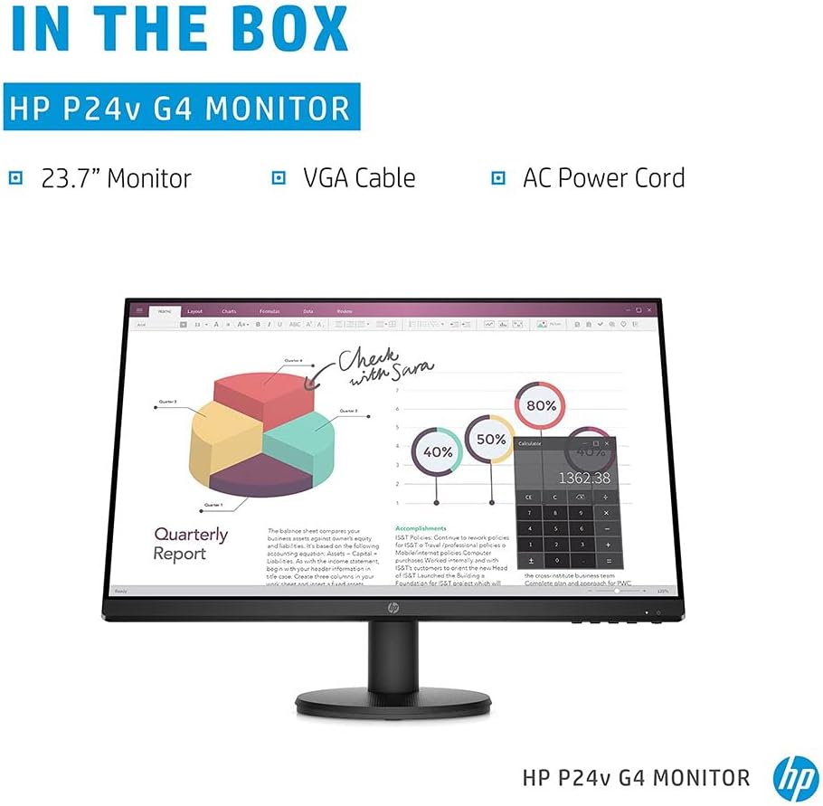 HP P24v 24-Inch G4 Monitor FHD (1920 x 1080) IPS Display Monitor 5ms 75hz with VGA HDMI Border Less Low Blue Light Mode VESA Mounting, Black, 9TT78AS