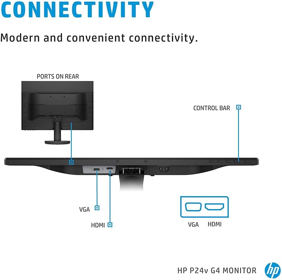HP P24v 24-Inch G4 Monitor FHD (1920 x 1080) IPS Display Monitor 5ms 75hz with VGA HDMI Border Less Low Blue Light Mode VESA Mounting, Black, 9TT78AS