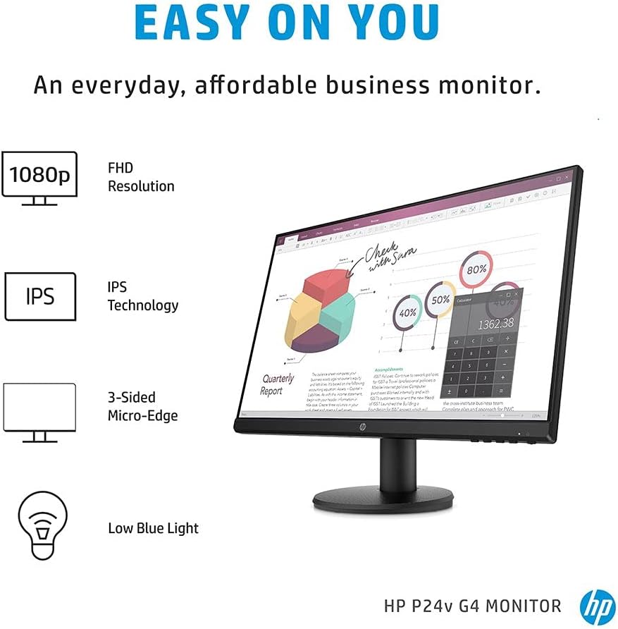 HP P24v 24-Inch G4 Monitor FHD (1920 x 1080) IPS Display Monitor 5ms 75hz with VGA HDMI Border Less Low Blue Light Mode VESA Mounting, Black, 9TT78AS