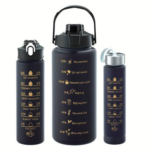KipFit 3-in-1 Set Water Bottle Motivational Sports Leakproof Bottle (Black) (3 Pack Half Gallon 2L, 900ml, 300ml)- the perfect set for staying hydrated and motivated throughout the day