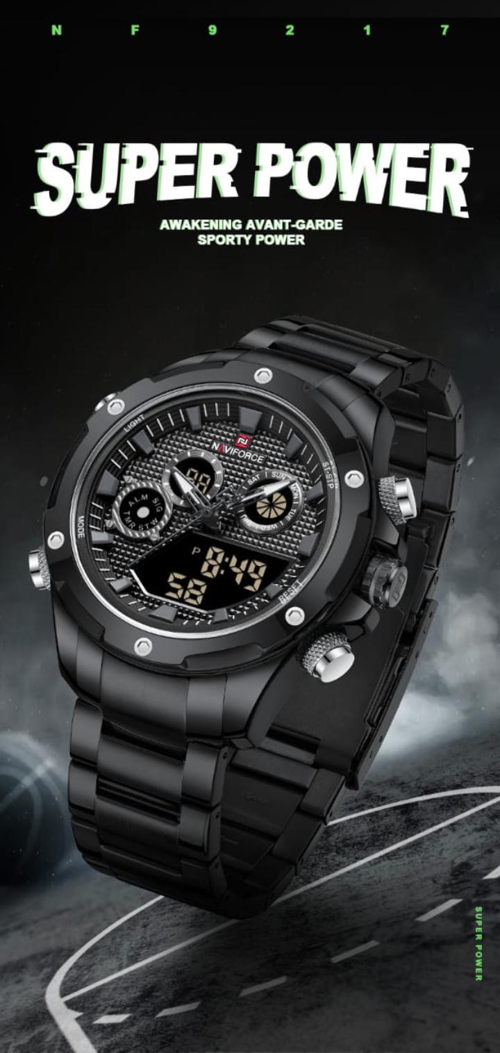 Naviforce NF9217 is a men's wristwatch that seamlessly combines analog and digital displays