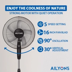 AILYONS FS-1606 16inch 3 speed powerful standing fan Floor Fan with 5-Speed Control Setting 16 Inch Fan Blad and Strong Motor with Quiet Operation,Full 90° Oscillation,30° Vertical Adjustment