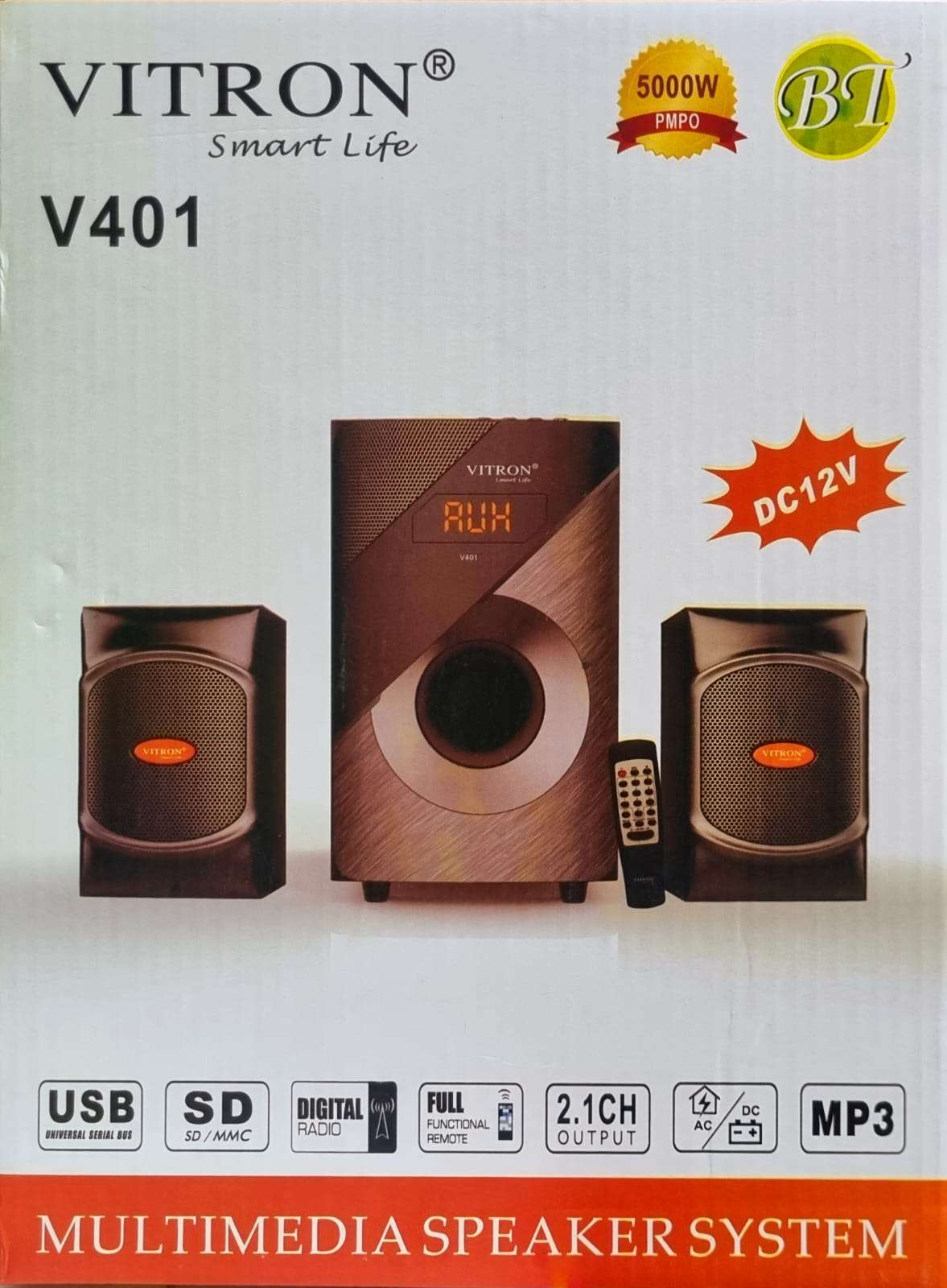 VITRON V401 2.1 CH 5000W  MULTIMEDIA SPEAKER SYSTEM WITH USB BLUETOOTH SD DIGITAL RADIO FULL FUNCTIONAL REMOTE AC DC MP3 PLAYER