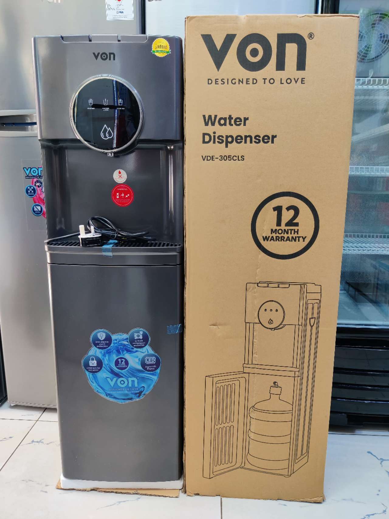 VON VDE-305CLS BOTTOM LOADING WATER DISPENSER  HOT COLD NORMAL FREE STANDIG ELECTRIC COOLING