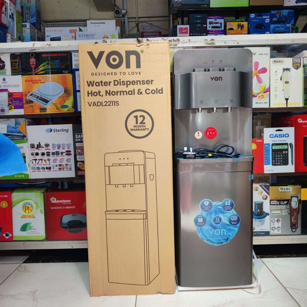VON VADL2211S  HOT NORMAL  COLD  TOP LOAD WATER DISPENSER  DRK GRAY IN COLOUR ELECTRIC COOLING