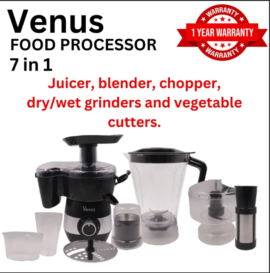 VENUS FOOD PROCESSOR FP-02 7in 1 Juicer Blender Chopper Dry/Wet Grinders and Vegetable Cutter High-Speed Motor Overheat Protection Energy Saving 1500 ml Plastic Jar 1