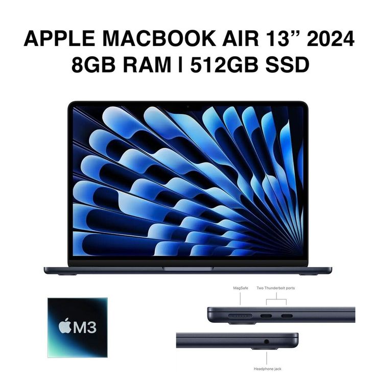 Apple MacBook Air M3 13.6" Liquid Retina Display 16GB RAM 512GB SSD True Tone Technology 1080p FaceTime HD Webcam Touch ID Backlit Magic Keyboard Thunderbolt 1 (MXCV3) (MXCR3) (MXCT3) Year Warranty  .