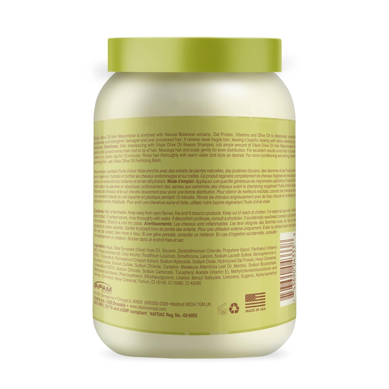 Vitale Olive Oil Hair Mayonnaise with Oat & Egg Protein and Vitamins - Good on Color & Thermal Treated Hair - for Dry & Damaged Scalp