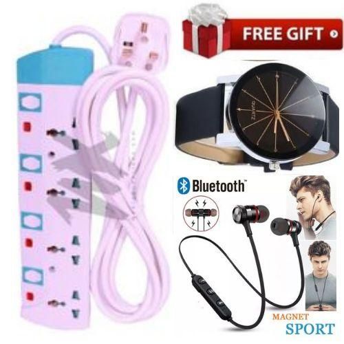 4 Way Power Extension Cable Socket With Safety Switches + Complimentary Bluetooth Earphones & Elegant Watch