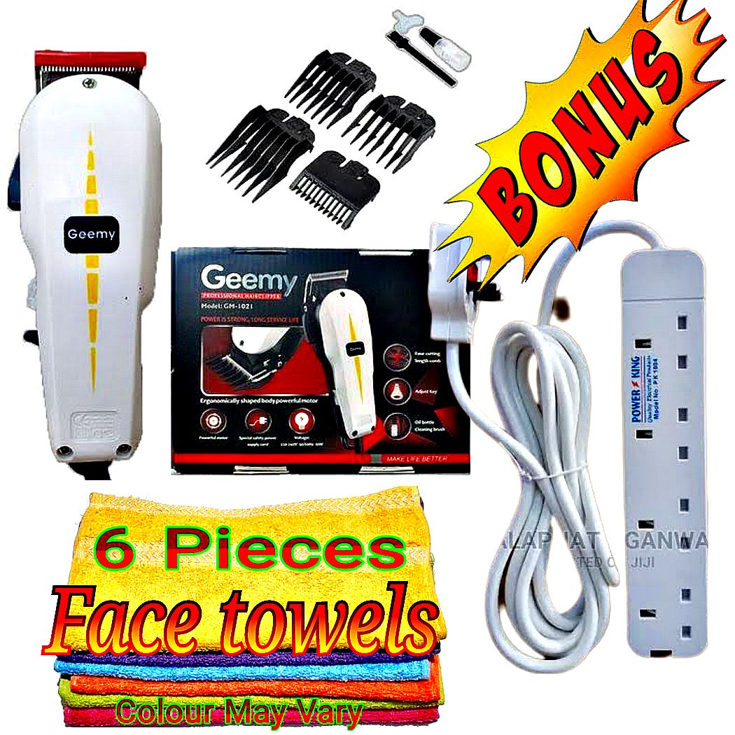 GEEMY ELECTRIC HAIR SHAVER And BEARD TRIMMER BARBERING  KINYOZI MACHINE + BONUS 4 WAY POWER EXTENSION CABLE SOCKET & 6 FACE TOWELS